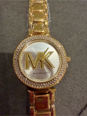 Michael Kors Gold-Tone Crystal MK Logo Bracelet Watch